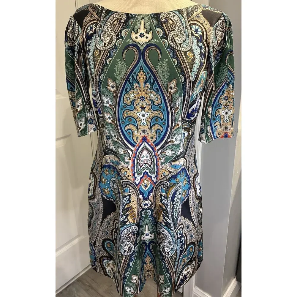 ERULLA Silk Blend Paisley Scarf Print Shift Dress - Size 2 - Multi-Color Boho